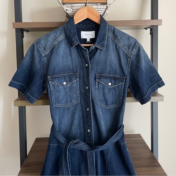 Current/Elliott Blue Denim Belted Pearl Snap Mini Dress, Small - Picture 2 of 13